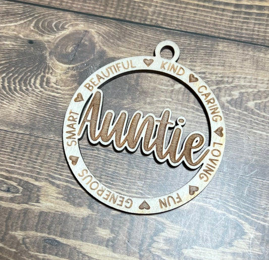 Auntie Ornament ,Personalized Ornament,  Wooden Family Ornament ,  Laser Engraved Wood Ornament