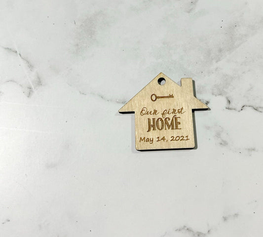 Our First Home Keychain, Home with a Key, Laser Engraved Keychain, bag tag,  gift for her, gift for him |