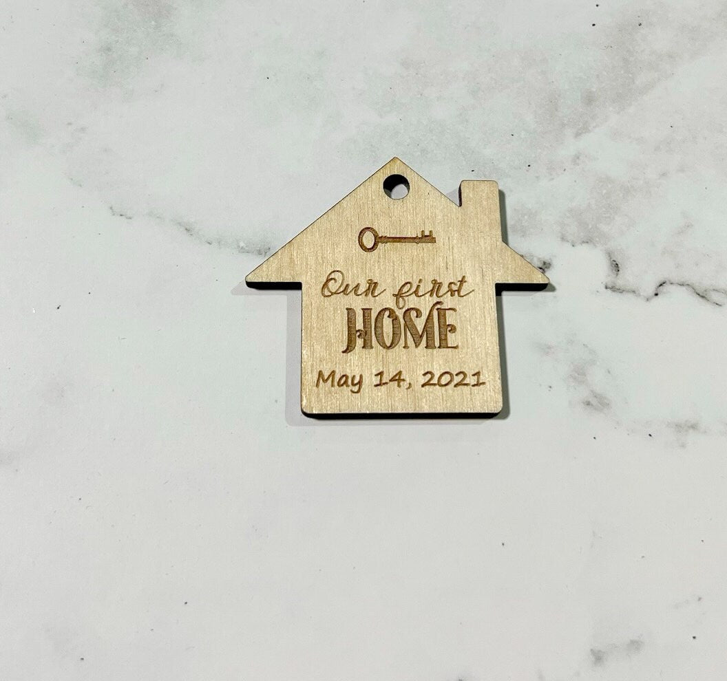 Our First Home Keychain, Home with a Key, Laser Engraved Keychain, bag tag,  gift for her, gift for him ,