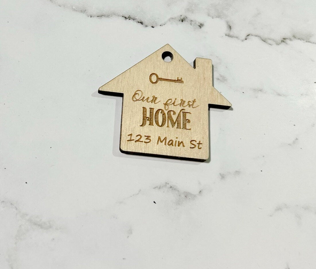 Our First Home Keychain, Home with a Key, Laser Engraved Keychain, bag tag,  gift for her, gift for him ,